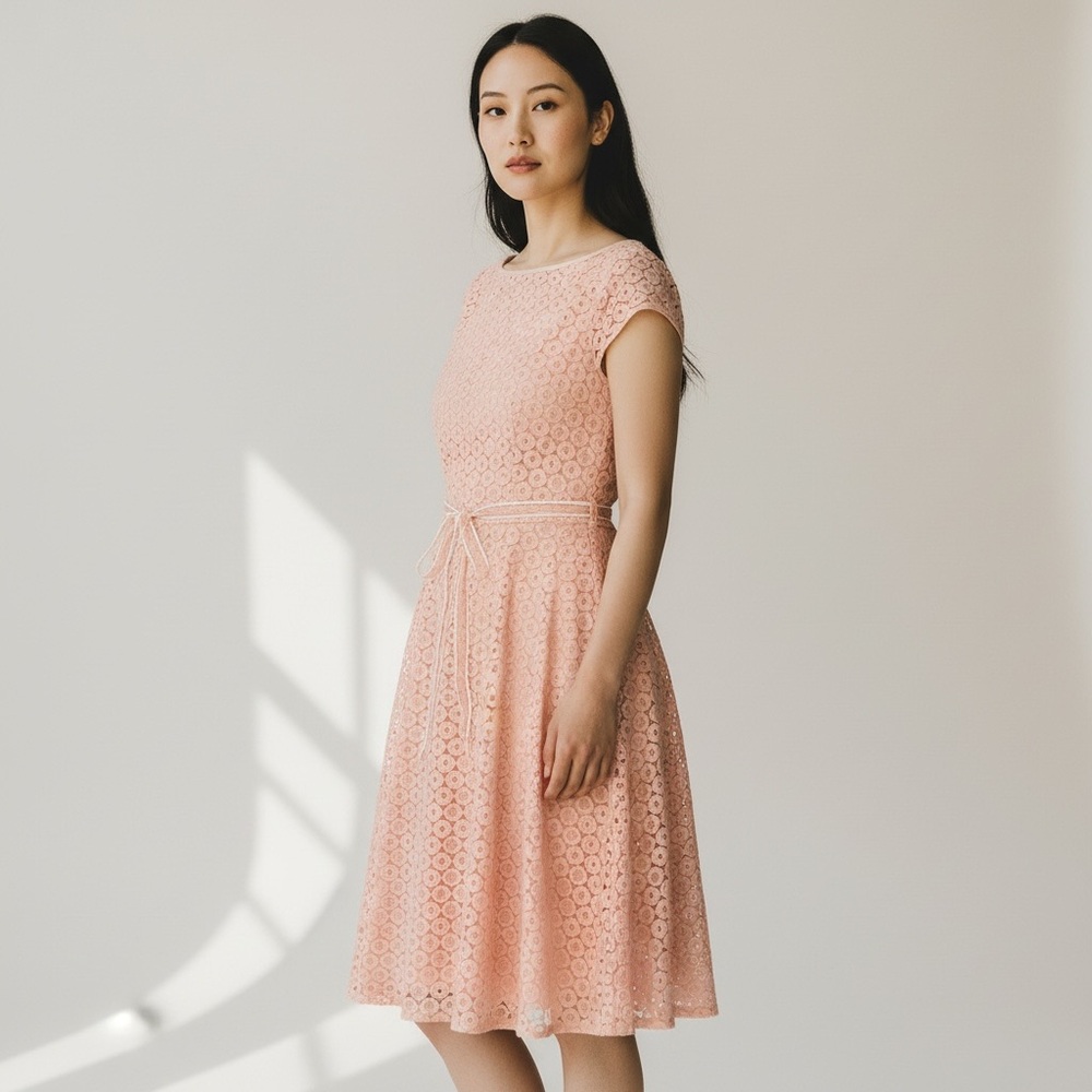 Black Label By Evan-Picone Women Short Sleeve Pink/Peach Lace A-Line Dress Sz 14